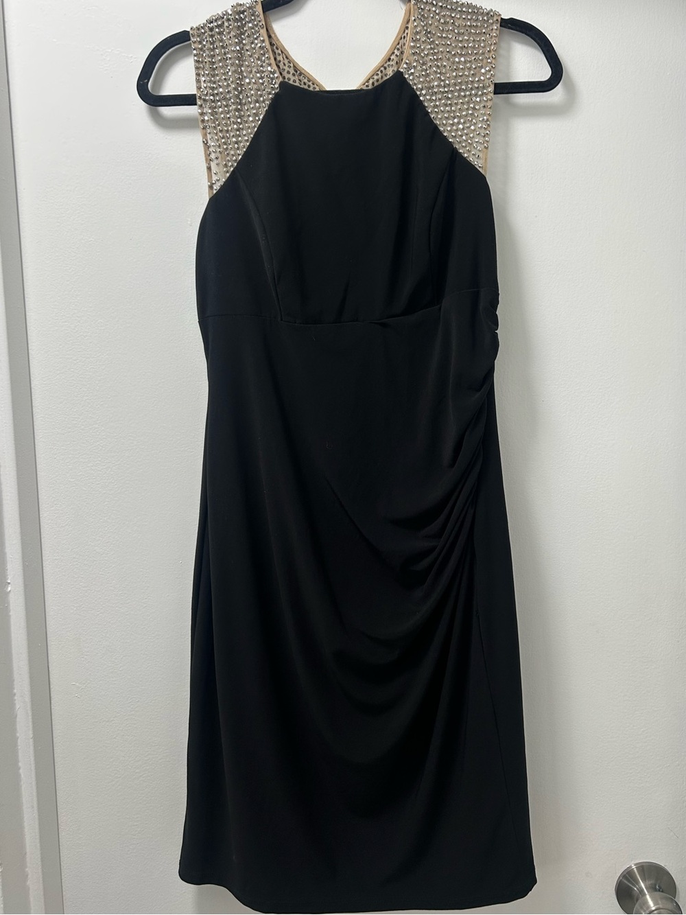 Xscape Black Midi Dress with Gold Beaded Shoulders